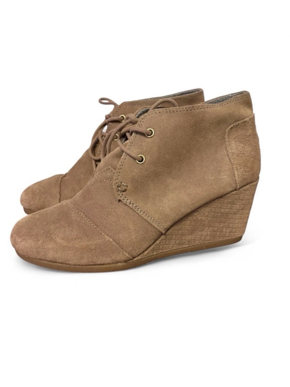 TOMS Women’s Desert Wedge Lace Up Booties Boots Tan Suede Boho Chic Fashion Sz 8